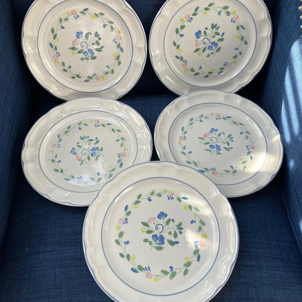 Floral Expression Stoneware Dinner Plates Set of 5 Vintage Blue Floral Scalloped